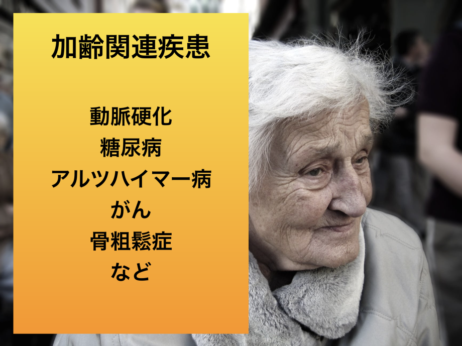 歯周病は慢性炎症であるので、加齢関連疾患である動脈硬化、糖尿病、アルツハイマー病、がん、骨粗鬆症などの発症に深く関わる。