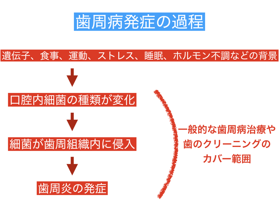 歯周病発祥の過程。遺伝子、食事、運動、ストレス、睡眠、ホルモン不調などを背景に、口腔ない細菌叢が変化。次いで細菌が歯周組織に侵入。ついには歯周炎が発症する。